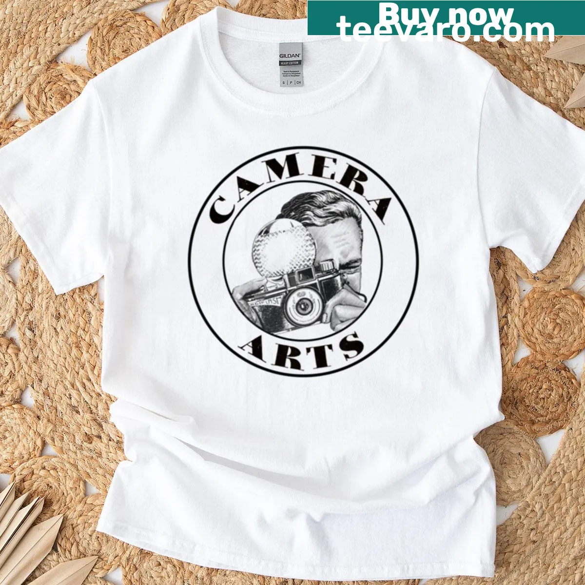 T-shirt featuring a vintage camera design, perfect for photography enthusiasts. — on a men's t-shirt