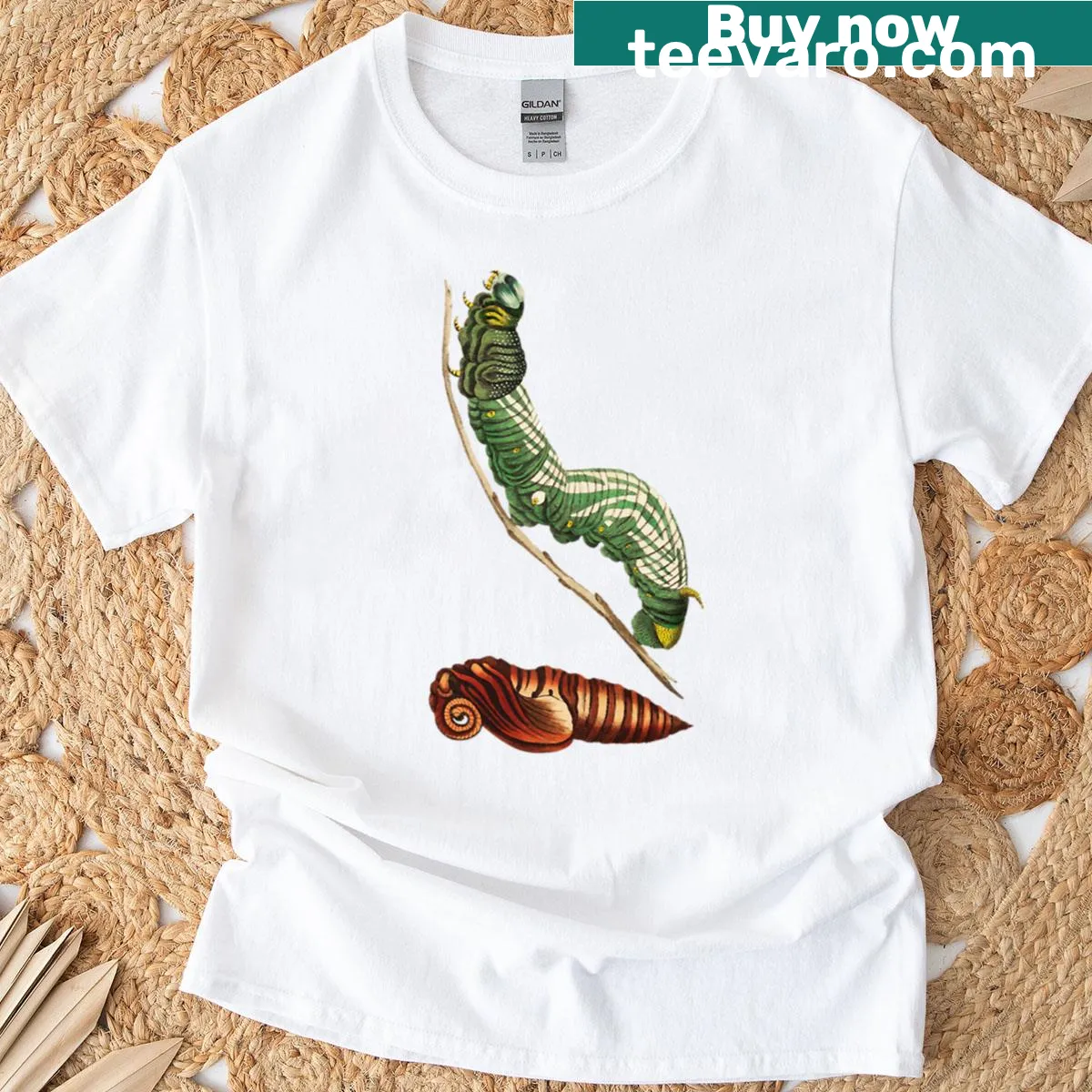 Illustrated T-shirt featuring a vintage-style caterpillar design. — on a men's t-shirt