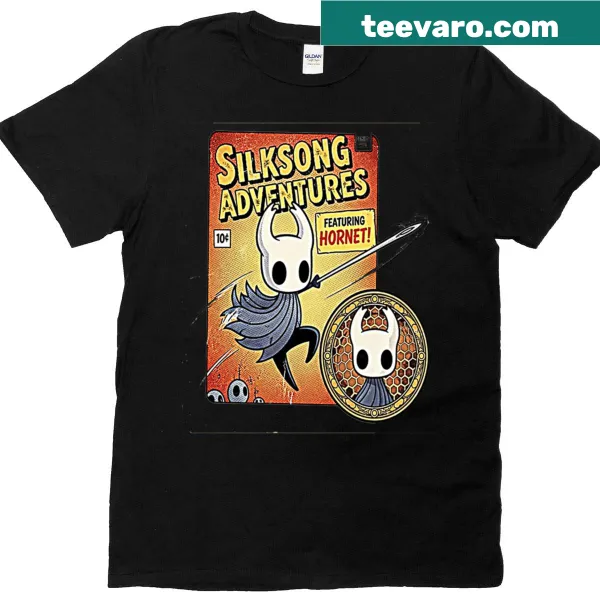 Retro comic-style Hornet graphic on Hollow Knight t-shirt