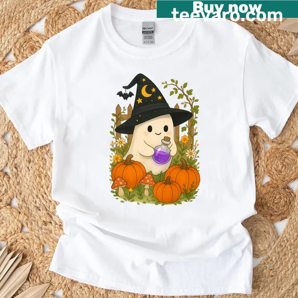 Vintage Halloween t-shirt with a cute ghost, black cat, and pumpkins