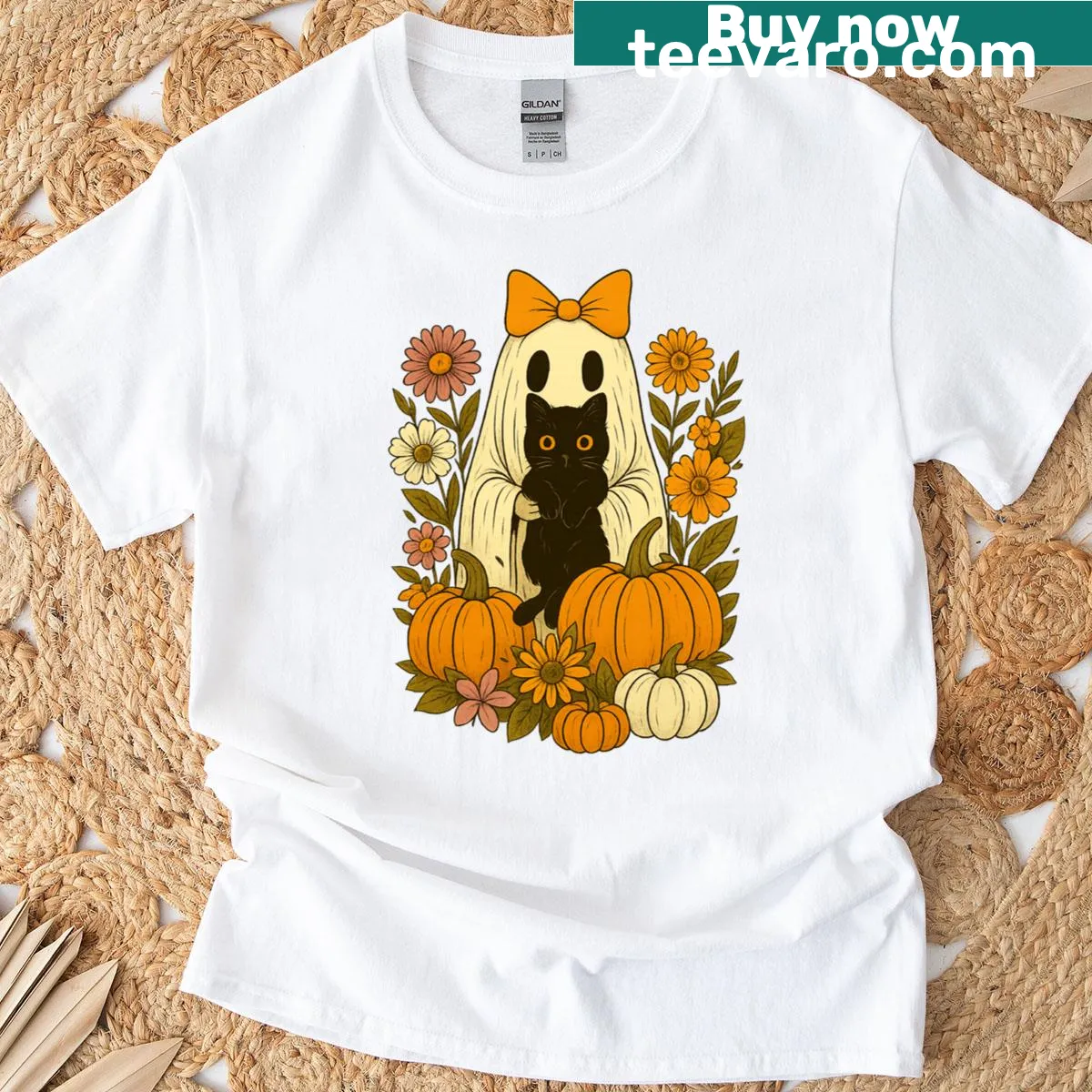 Vintage ghost holding cat with floral accents Halloween T-shirt — on a men's t-shirt