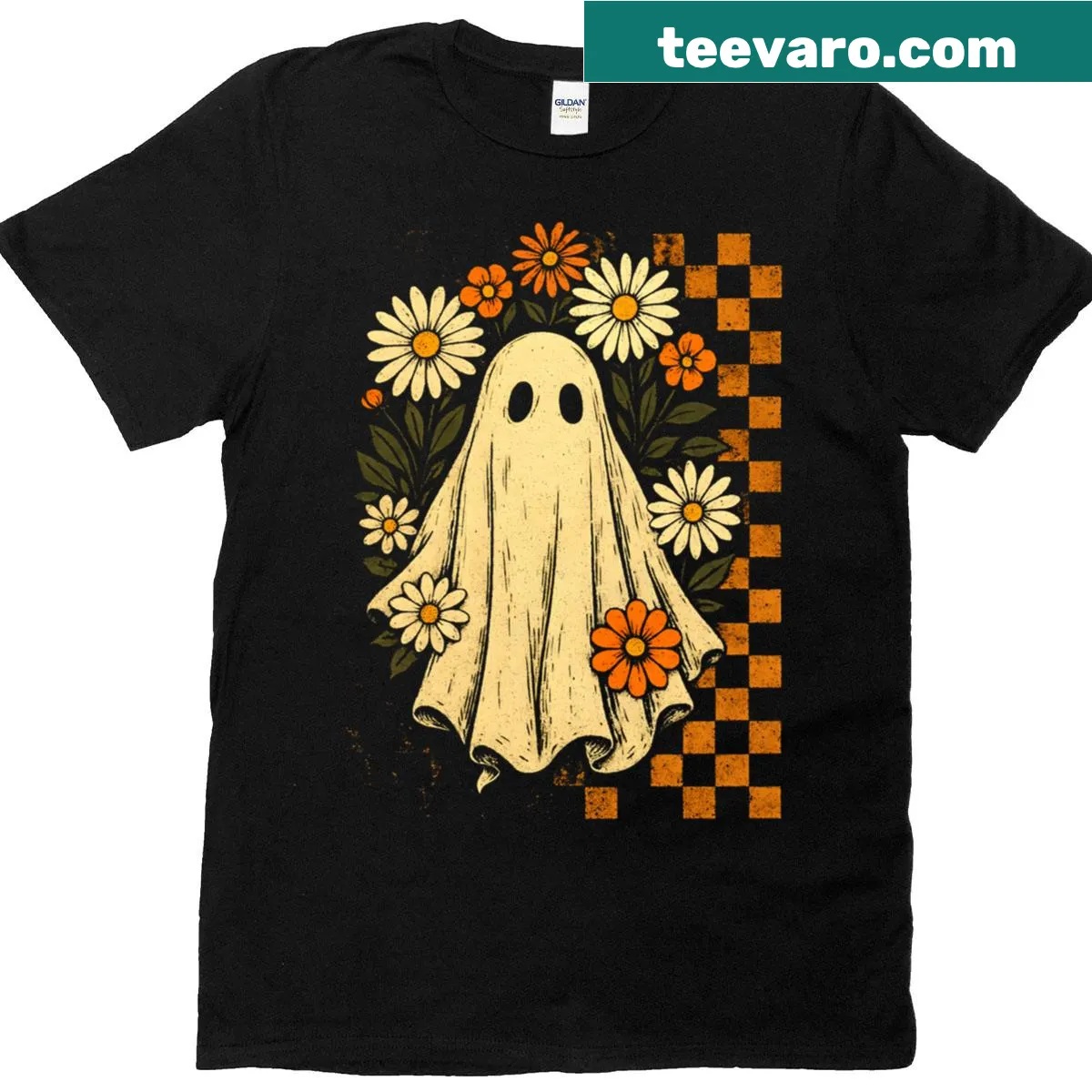 Groovy floral ghost graphic on a vintage Halloween t-shirt — on a men's t-shirt