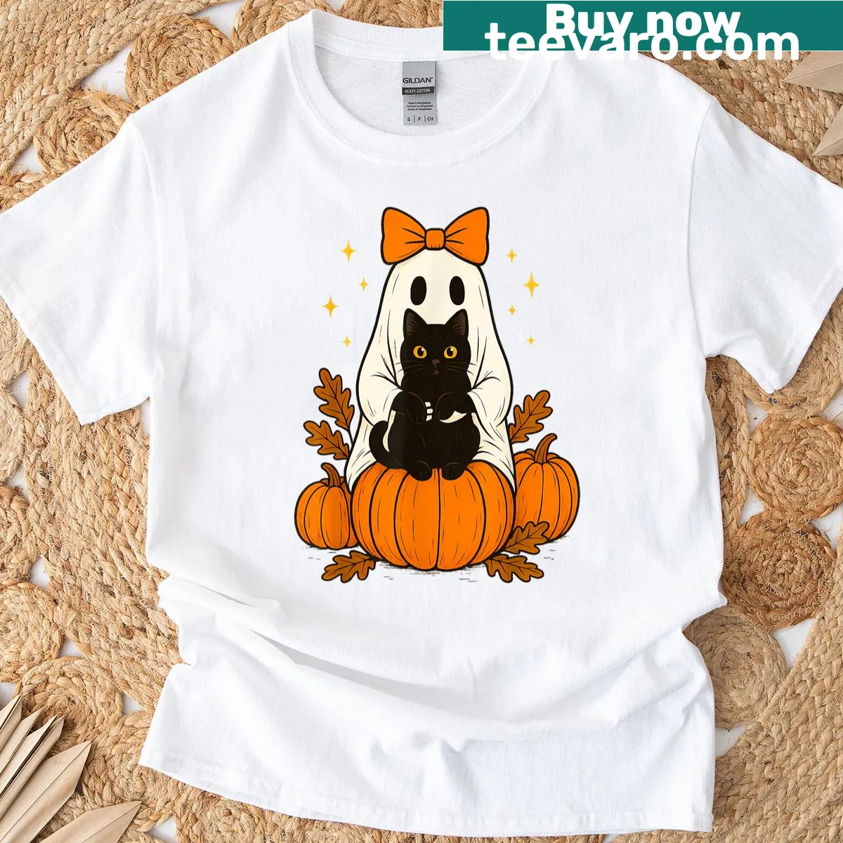 Vintage Halloween t-shirt with ghost, black cat, pumpkins, and flowers — on a men's t-shirt