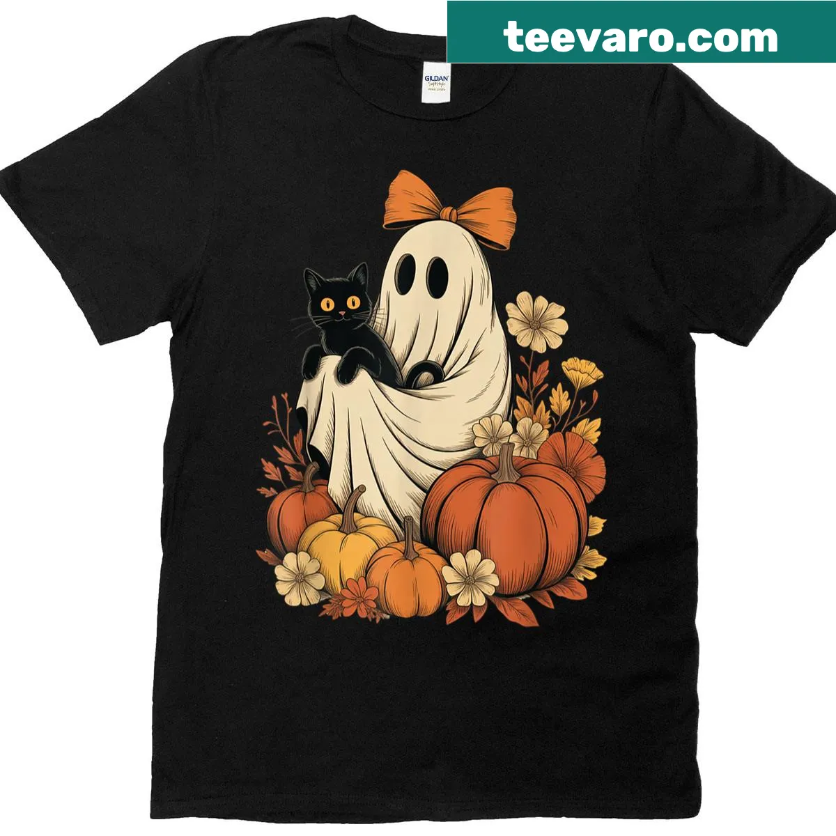 Cute vintage Halloween T-shirt with ghost, cat, and floral design — on a men's t-shirt