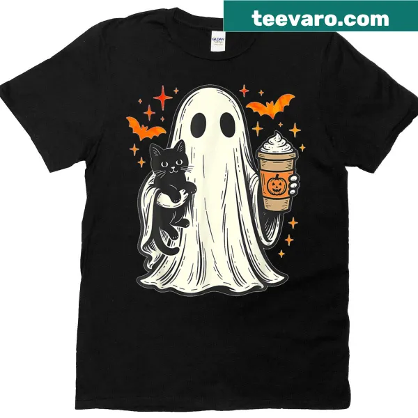Cute vintage Halloween T-shirt with ghost, cat, and iced coffee