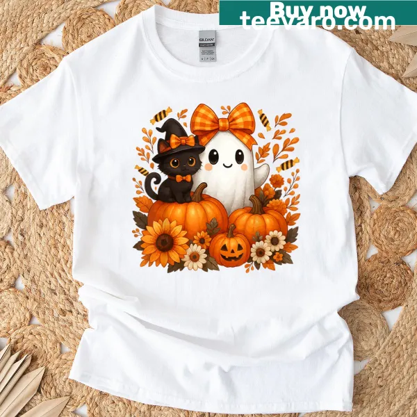 Vintage-style Halloween t-shirt with ghost, black cat, and pumpkins.