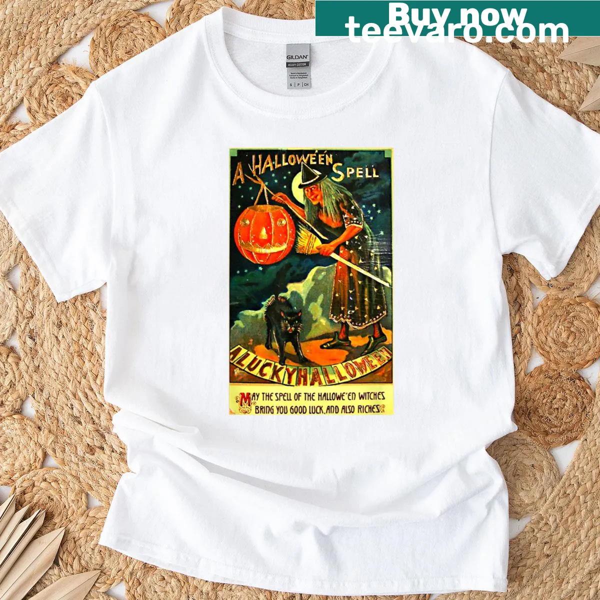 Vintage Halloween T-shirt with a graphic of a witch and cat — on a men's t-shirt