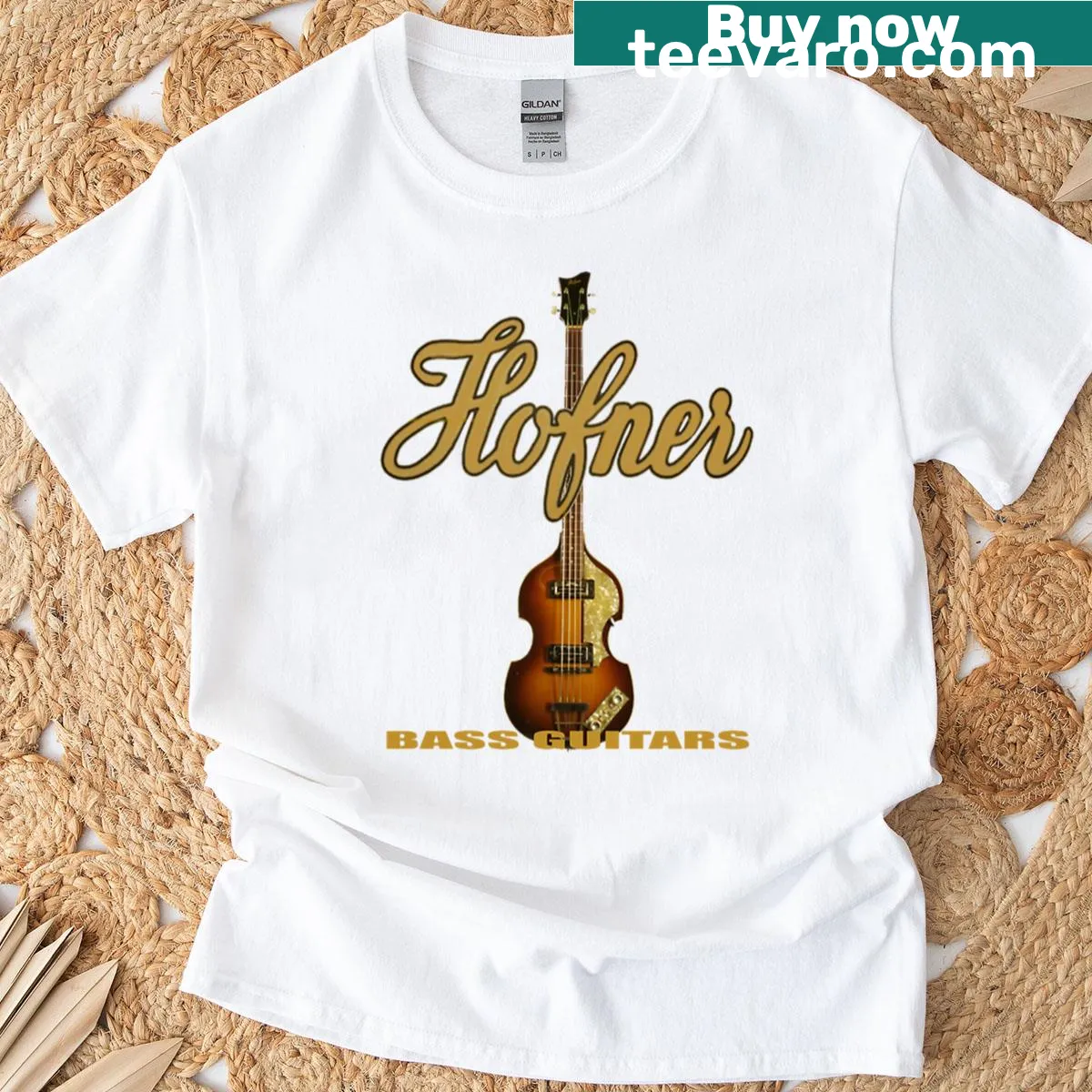 Vintage t-shirt featuring Hofner Violin bass guitar design — on a men's t-shirt