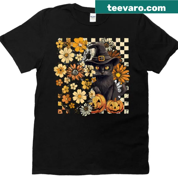 Vintage Halloween black cat with floral accents and pumpkins T-shirt