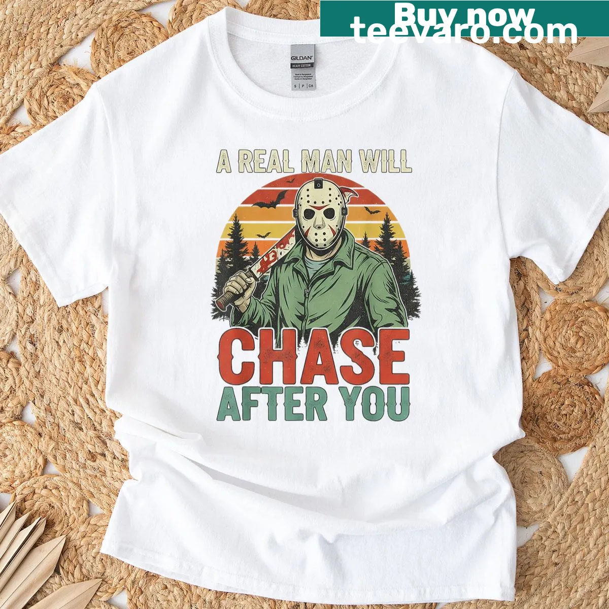Vintage Halloween T-shirt with text: A Real Man Will Chase After You — on a men's t-shirt