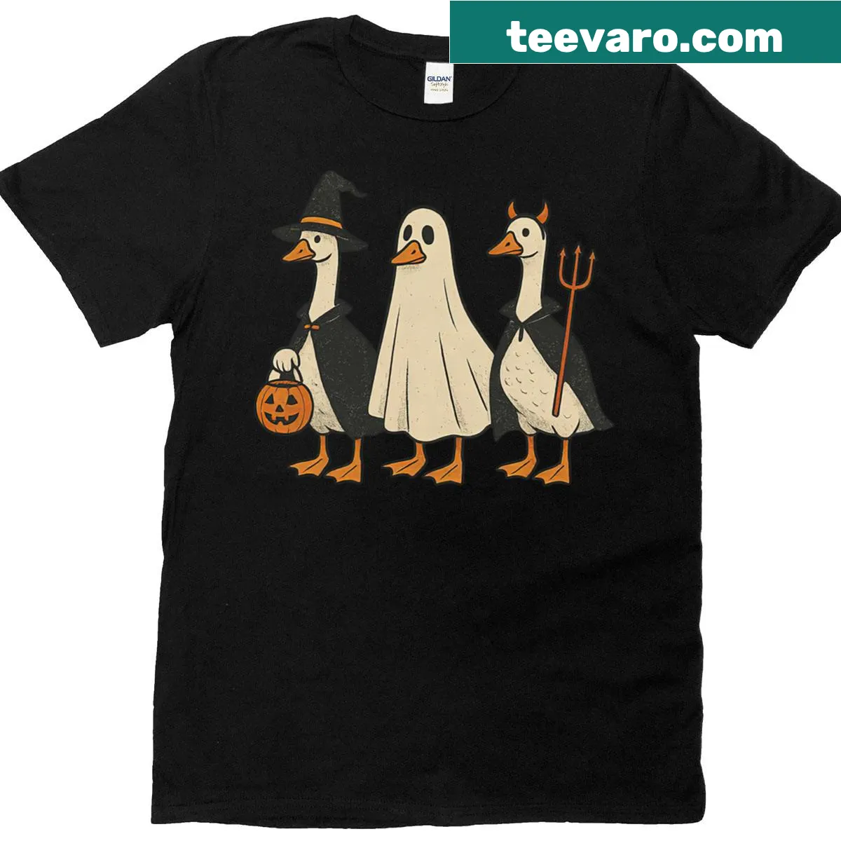 Vintage Halloween t-shirt with a witch, ghost, and pumpkins illustration — on a men's t-shirt