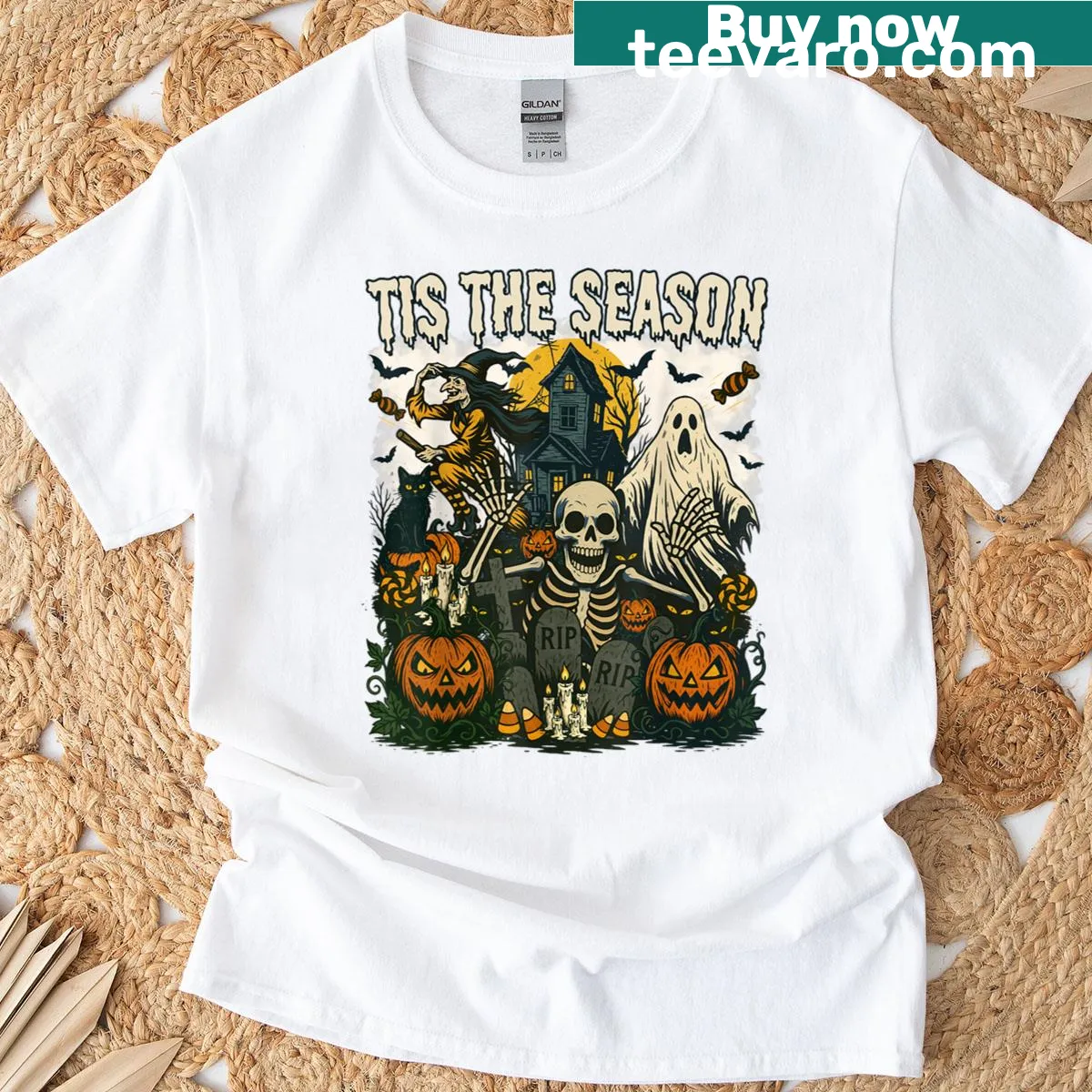 Retro Halloween shirt with skeleton and ghost graphics — on a men's t-shirt