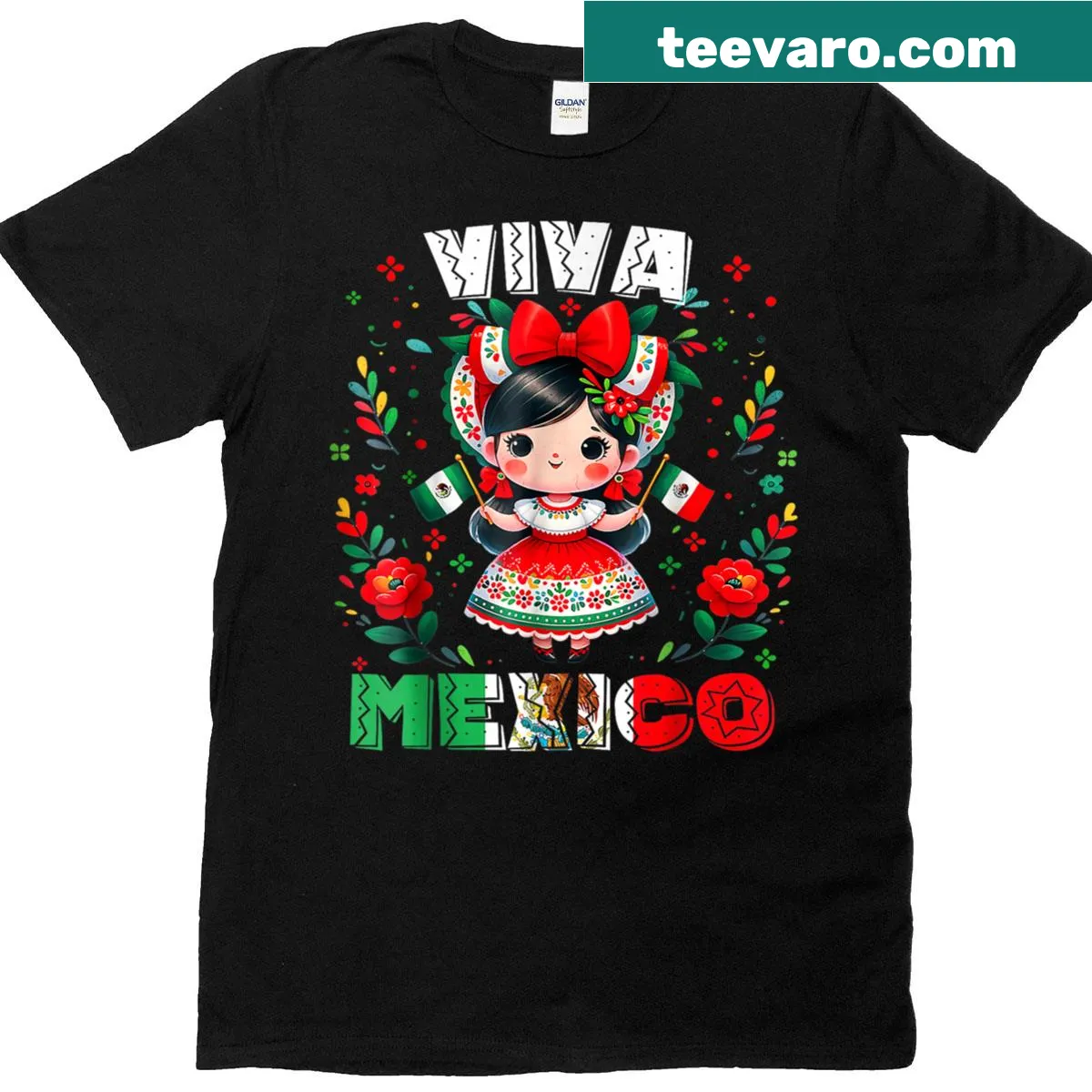 Kids T-shirt with a Mexican girl holding the flag design — on a men's t-shirt