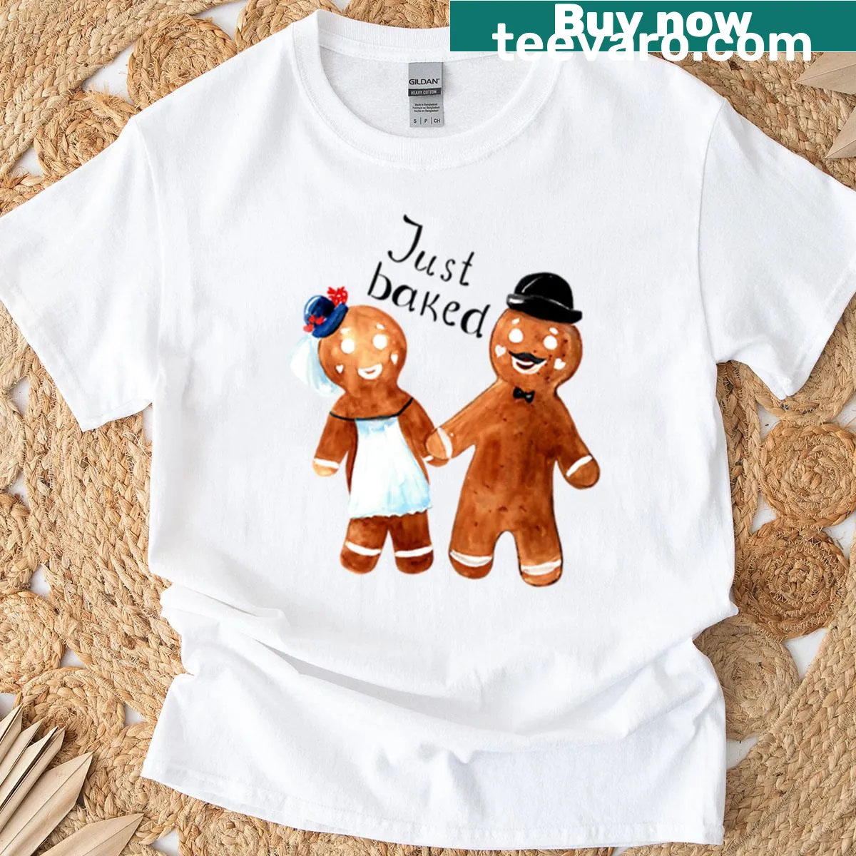 Watercolor gingerbread couple illustration on a t-shirt — on a men's t-shirt