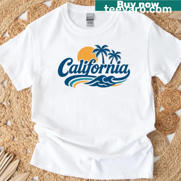 California t-shirt featuring a sun and wave design