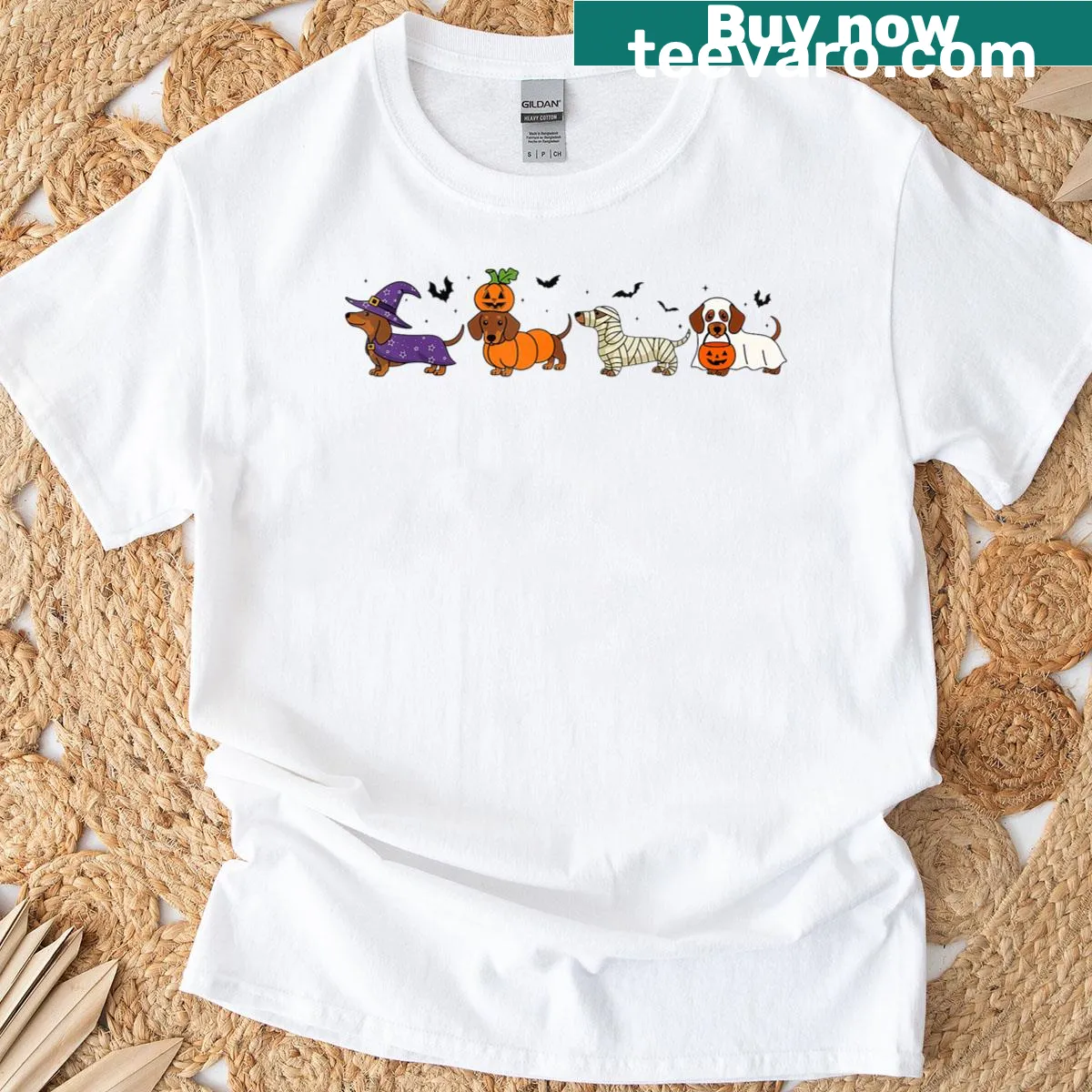 Cute Halloween dachshund dressed as a witch graphic — on a men's t-shirt