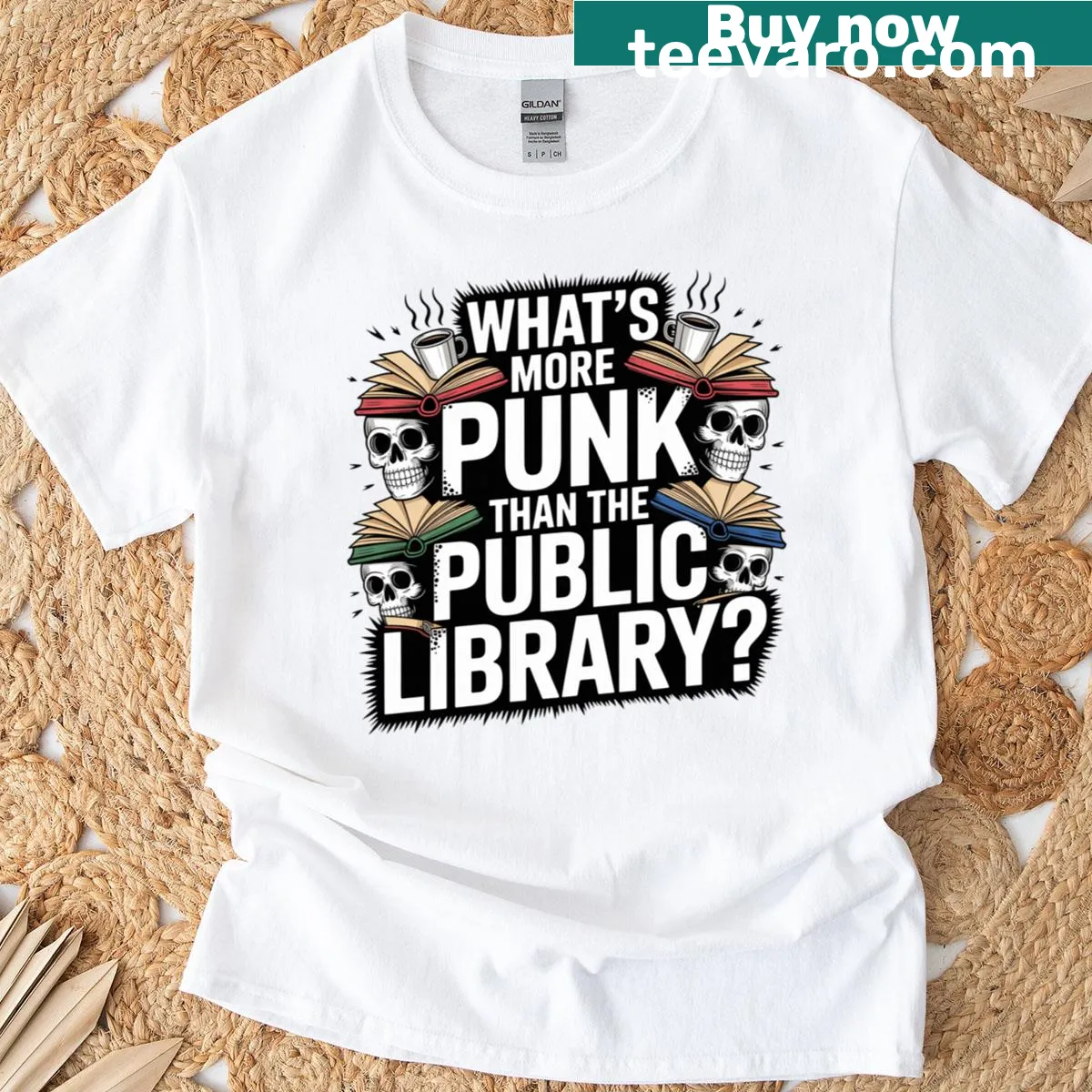 Sarcastic library-themed tee questioning what is more punk — on a men's t-shirt