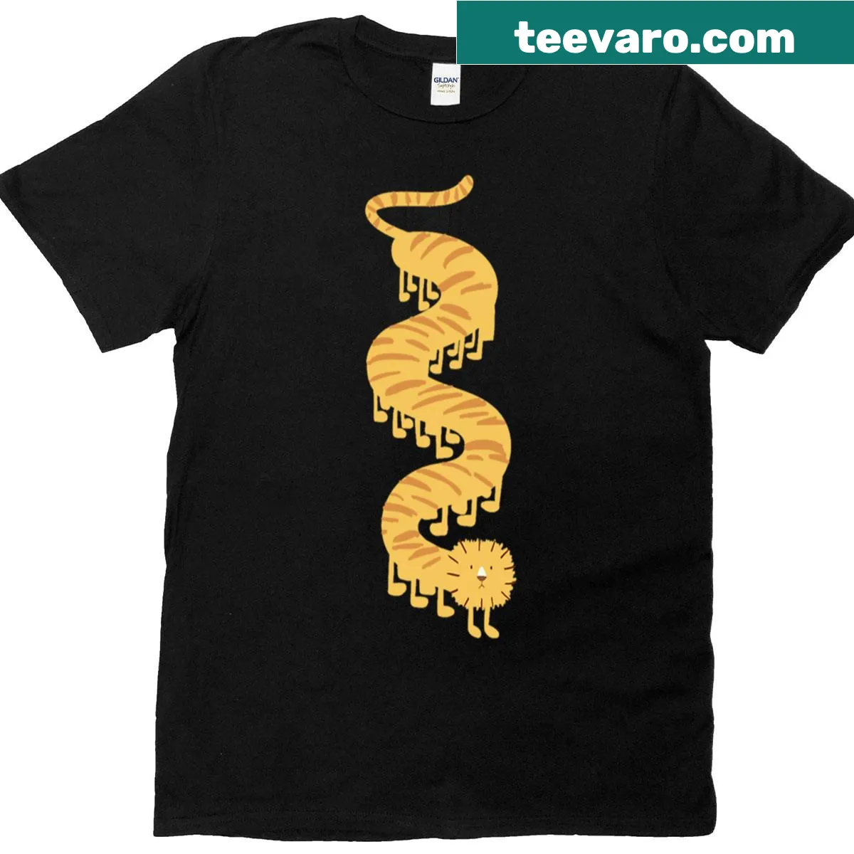 Cute cartoon liger t-shirt featuring a wiggly lion-tiger hybrid — on a men's t-shirt