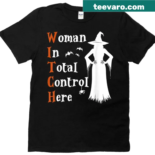 Funny Halloween t-shirt with 'Total Control Here' text for women