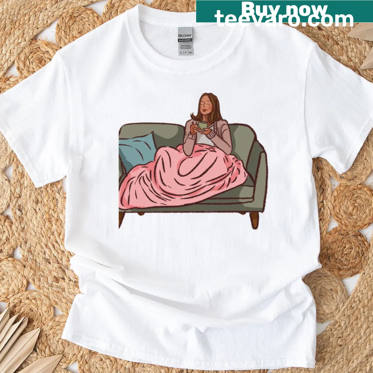 Woman with coffee and pink blanket illustration on T-shirt — on a men's t-shirt