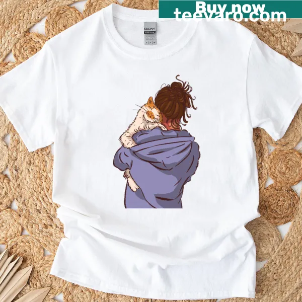 T-shirt featuring a woman holding an orange cat