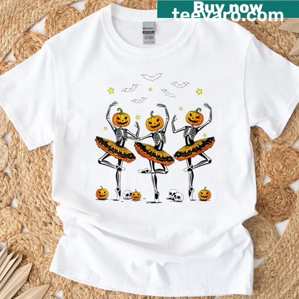 Cute pumpkin skeleton Halloween t-shirt with a ballet theme