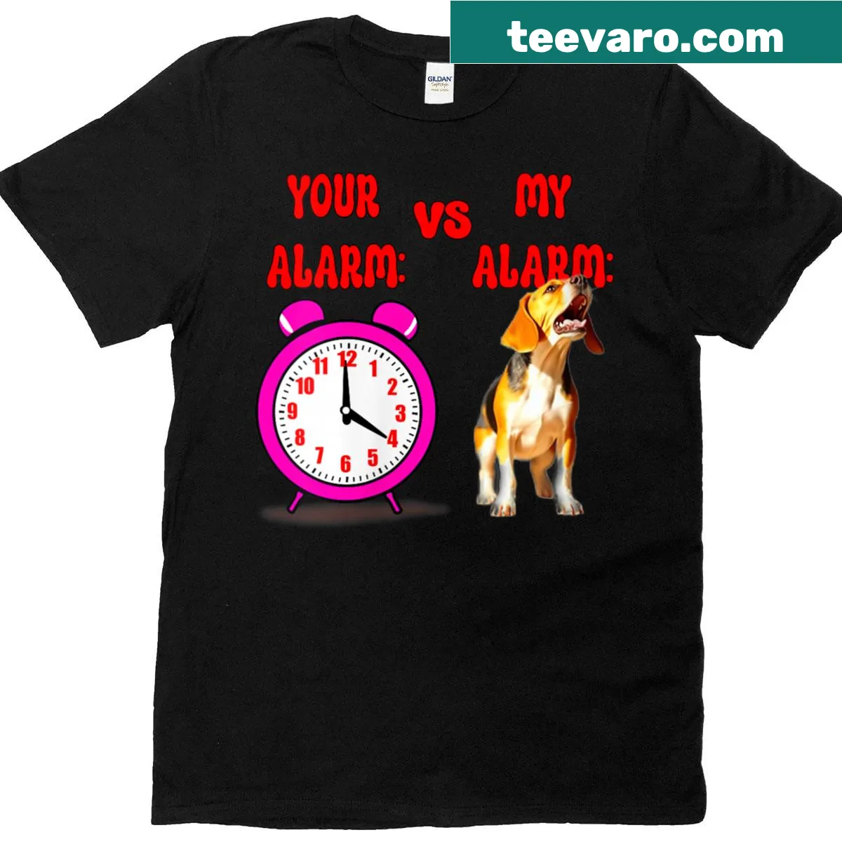 Playful cartoon beagle with clock design on T-shirt for dog lovers — on a men's t-shirt