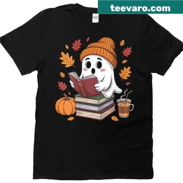 Cute ghost reading a book and holding coffee t-shirt for Halloween