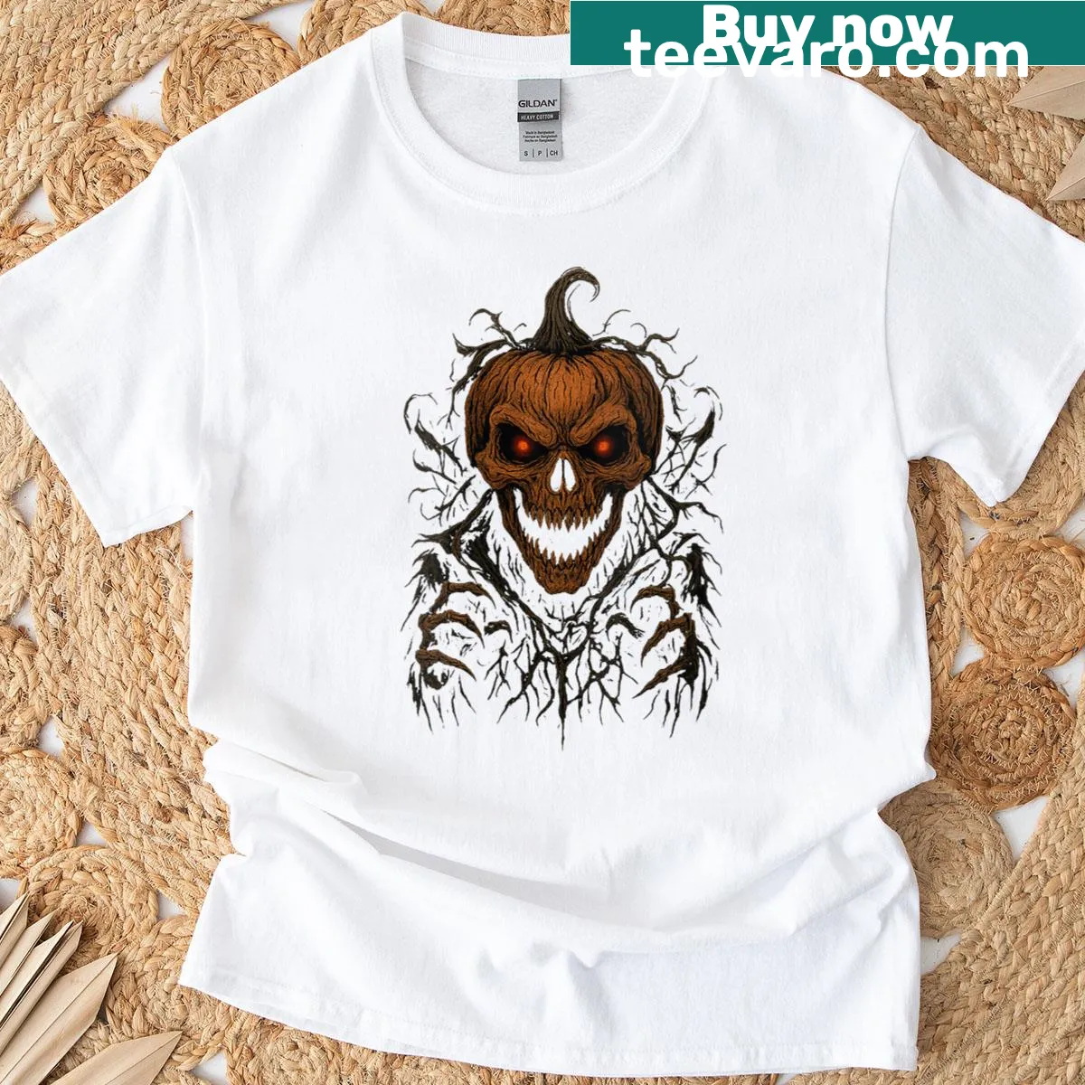 Cyborg pumpkin skull graphic on a gothic T-shirt for women — on a men's t-shirt