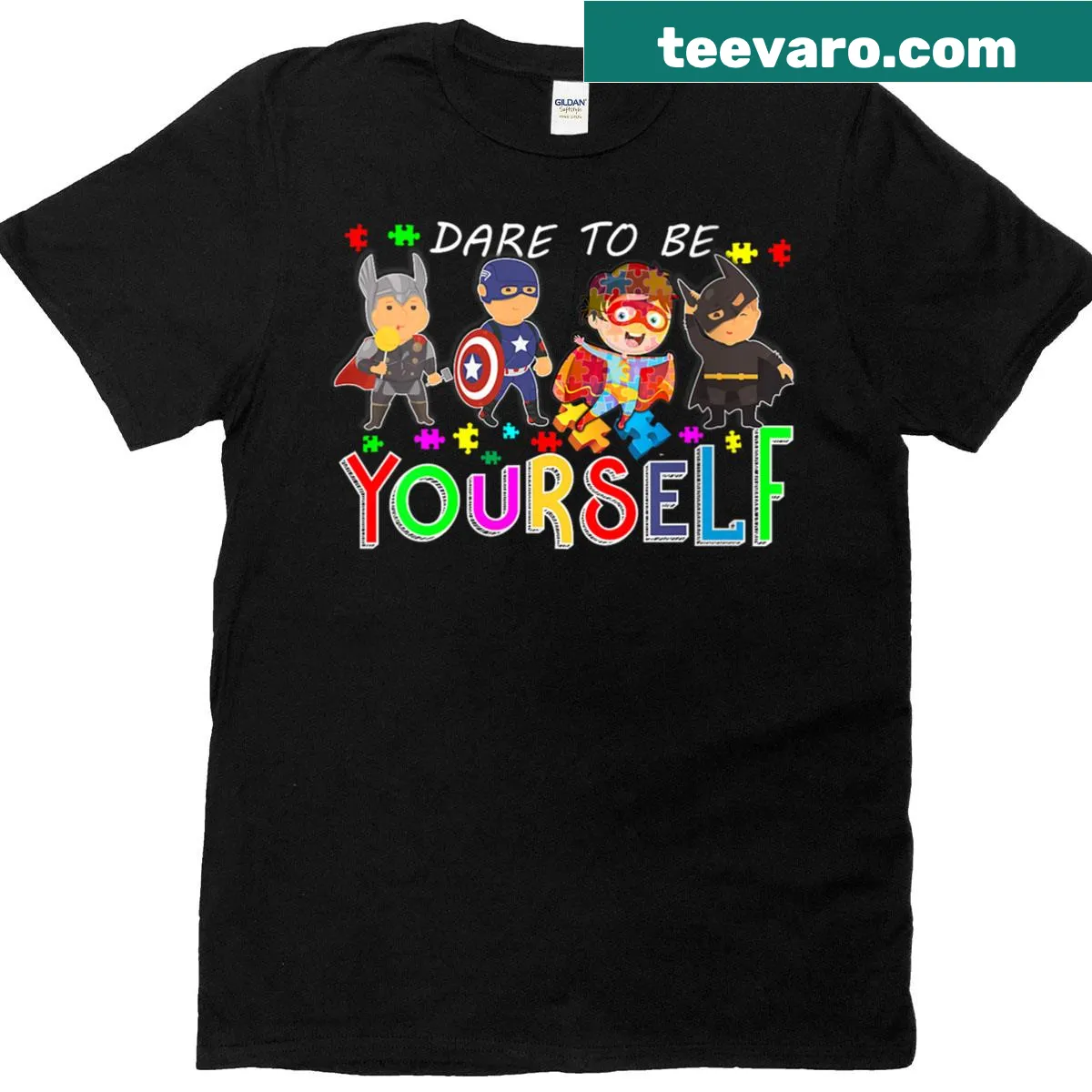 Autism awareness T-shirt with 'Dare To Be Yourself' superhero text — on a men's t-shirt