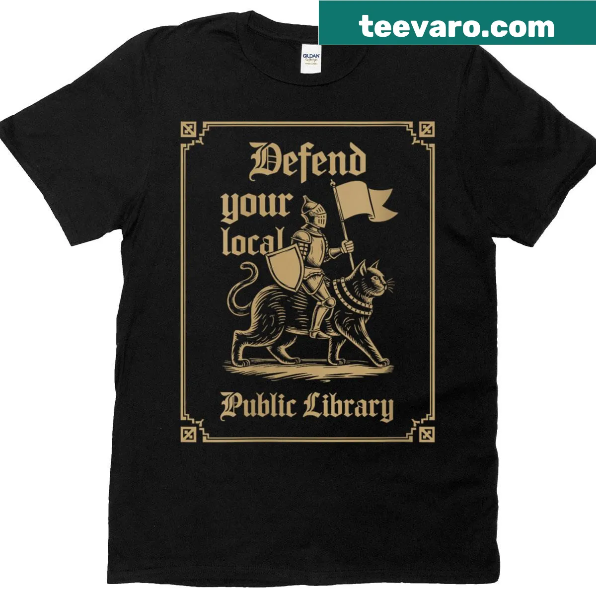 Funny T-shirt with 'Defend Your Local Public Library' text design — on a men's t-shirt