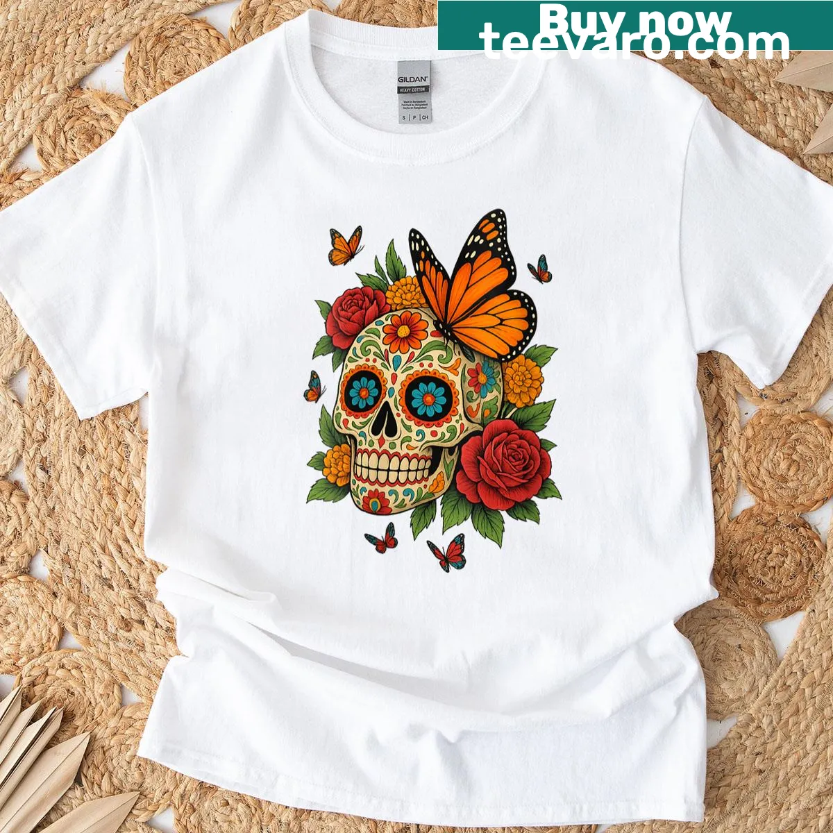 Sugar skull design on a Dia De Los Muertos Halloween t-shirt — on a men's t-shirt