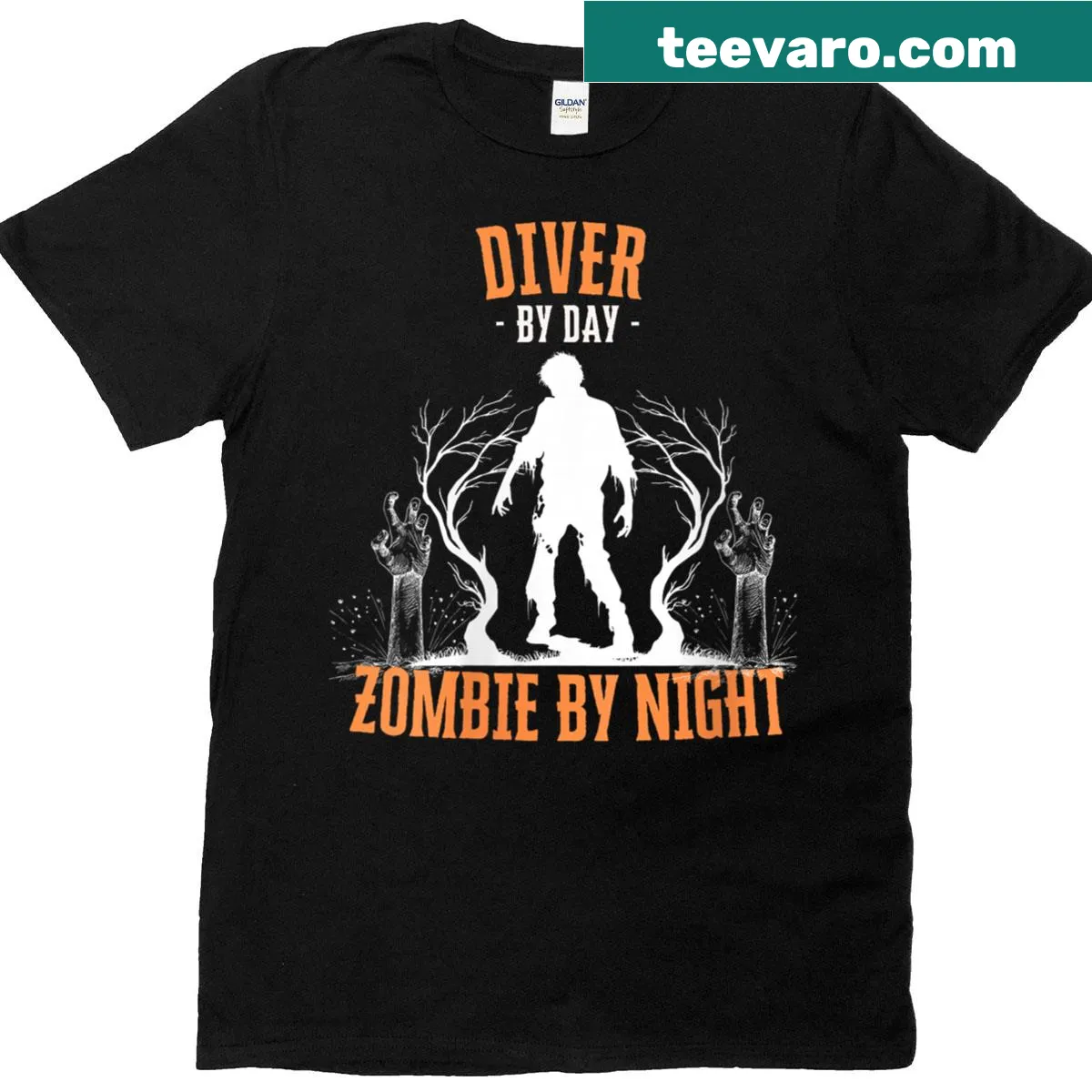 Funny Halloween T-shirt with a diver and zombie graphic — on a men's t-shirt