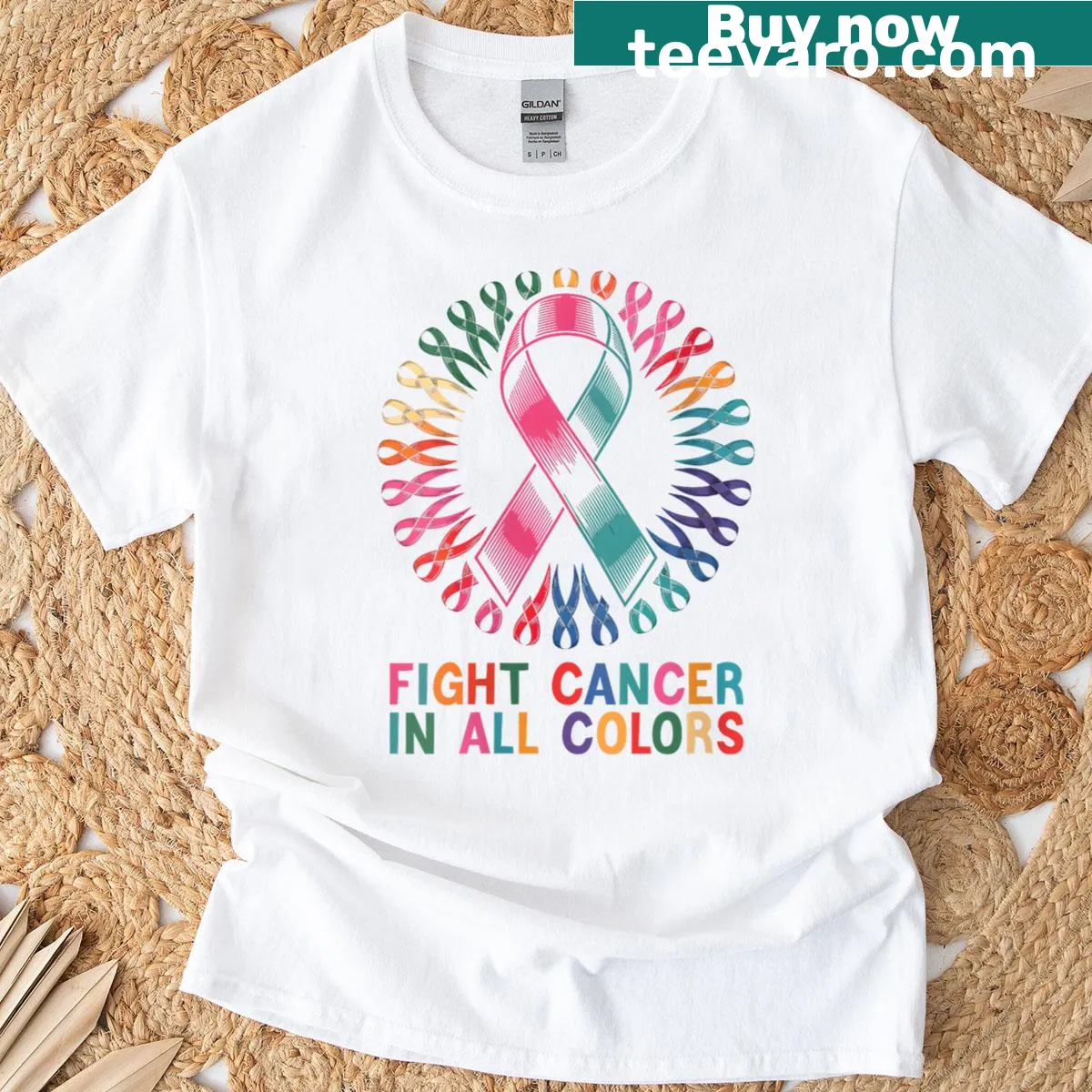 Heart graphic with rainbow ribbons supporting cancer awareness — on a men's t-shirt
