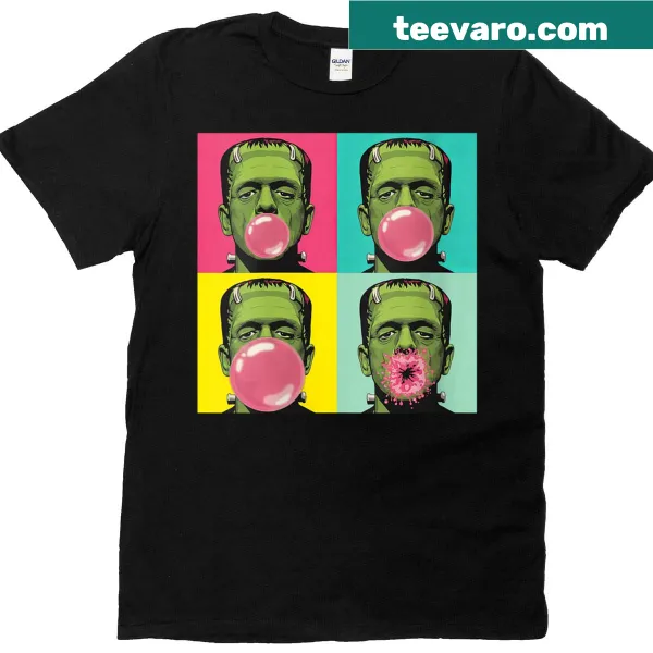 Pop art Frankenstein monster blowing bubble gum on T-shirt