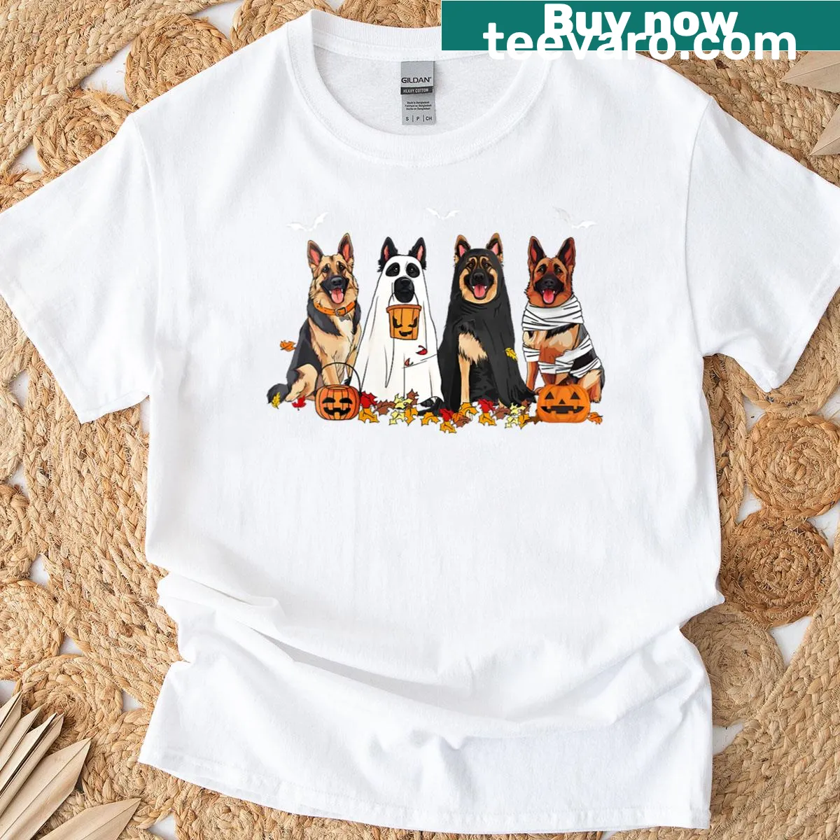 Halloween T-shirt featuring a ghostly German Shepherd design — on a men's t-shirt