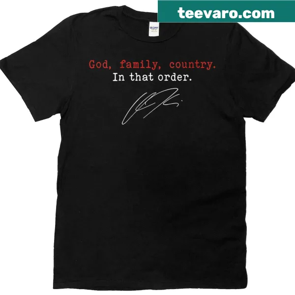 T-shirt with the phrase 'God, Family, Country' in bold typography