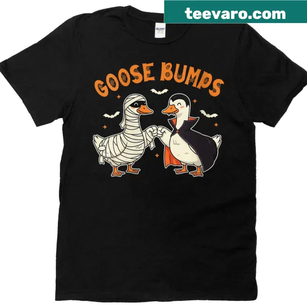 Cute Halloween T-shirt with a mummy goose and vampire bats graphic