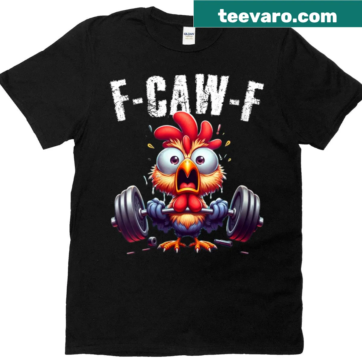 Funny chicken-themed fitness humor graphic on a women's gym tee — on a men's t-shirt