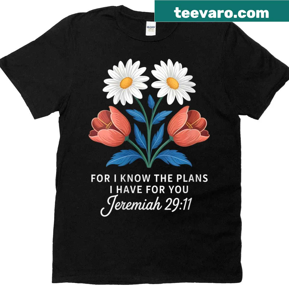 Floral illustrated t-shirt featuring Jeremiah 29:11 faith scripture — on a men's t-shirt