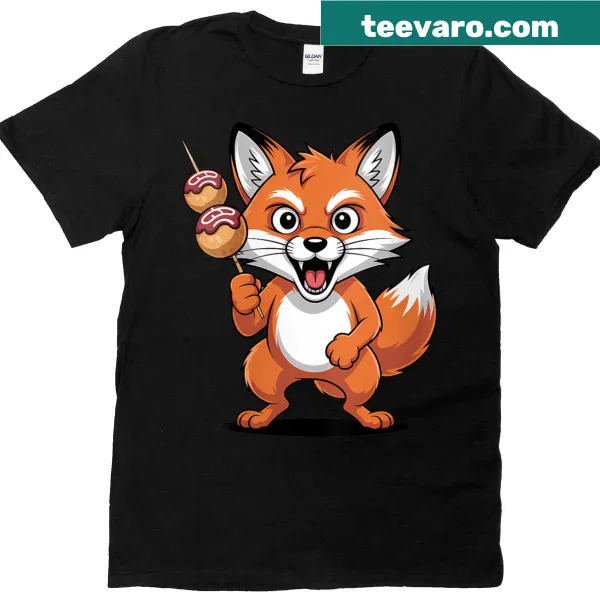 Cartoon fox enjoying takoyaki on a women's streetwear t-shirt