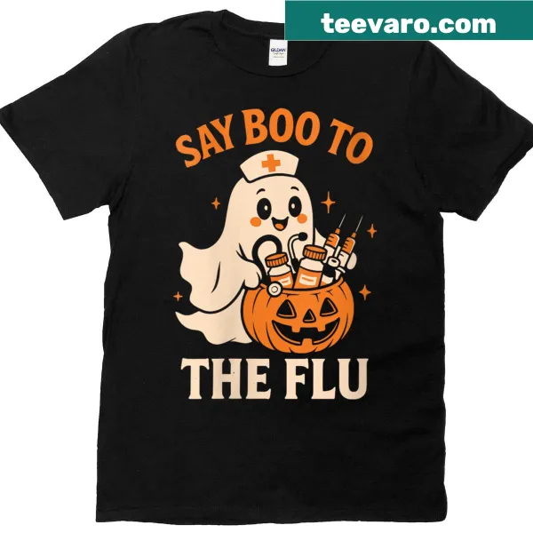 Cute nurse-themed Halloween T-shirt with ghost and text 'Say Boo To The Flu'