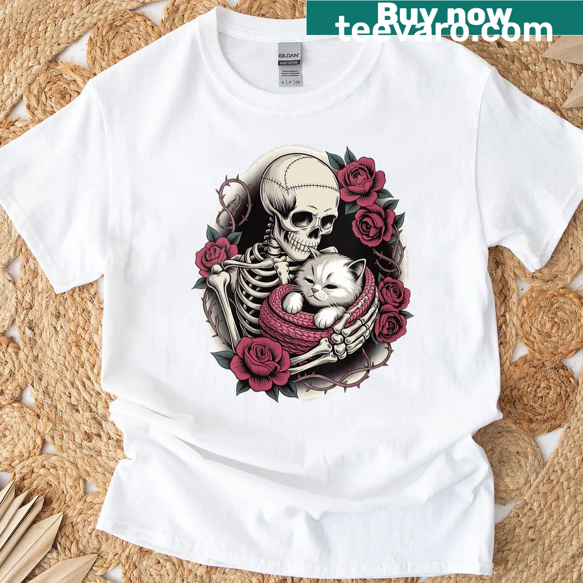 Halloween t-shirt featuring a skeleton hugging a cat with floral design — on a men's t-shirt