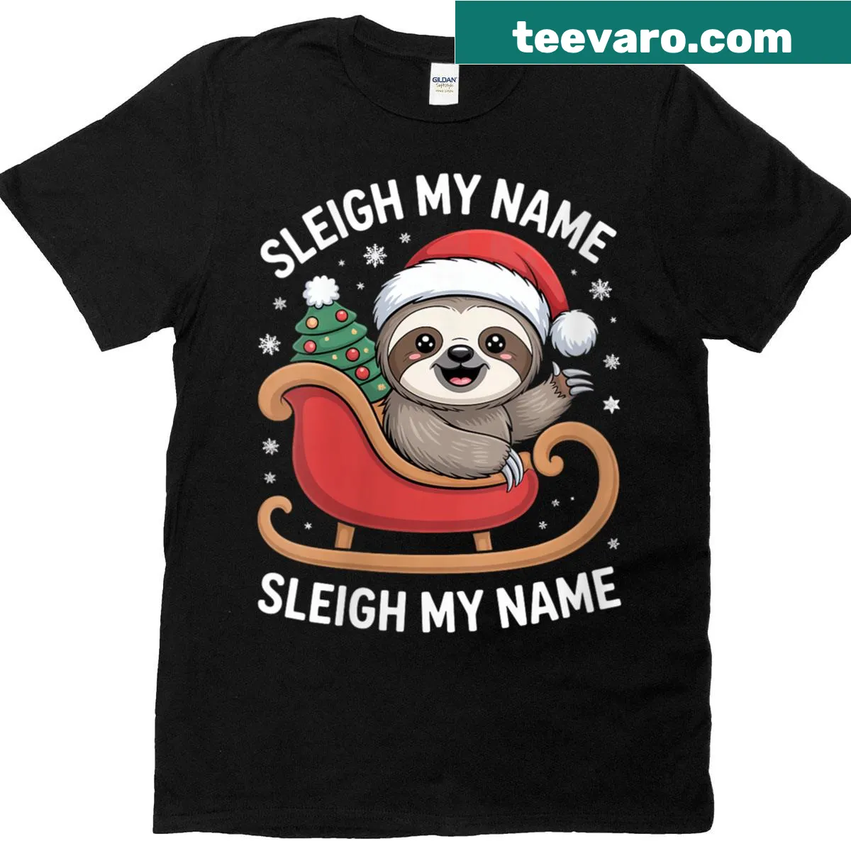 Illustration of a sloth on a sleigh with humorous text for Christmas — on a men's t-shirt
