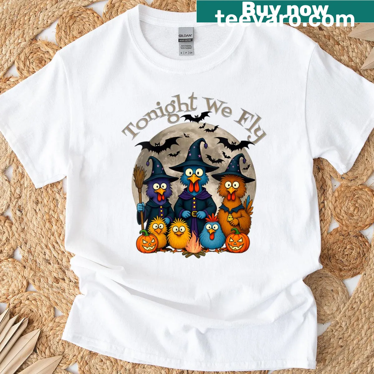 Funny Halloween T-shirt with text: Tonight We Fly and cartoon chickens — on a men's t-shirt