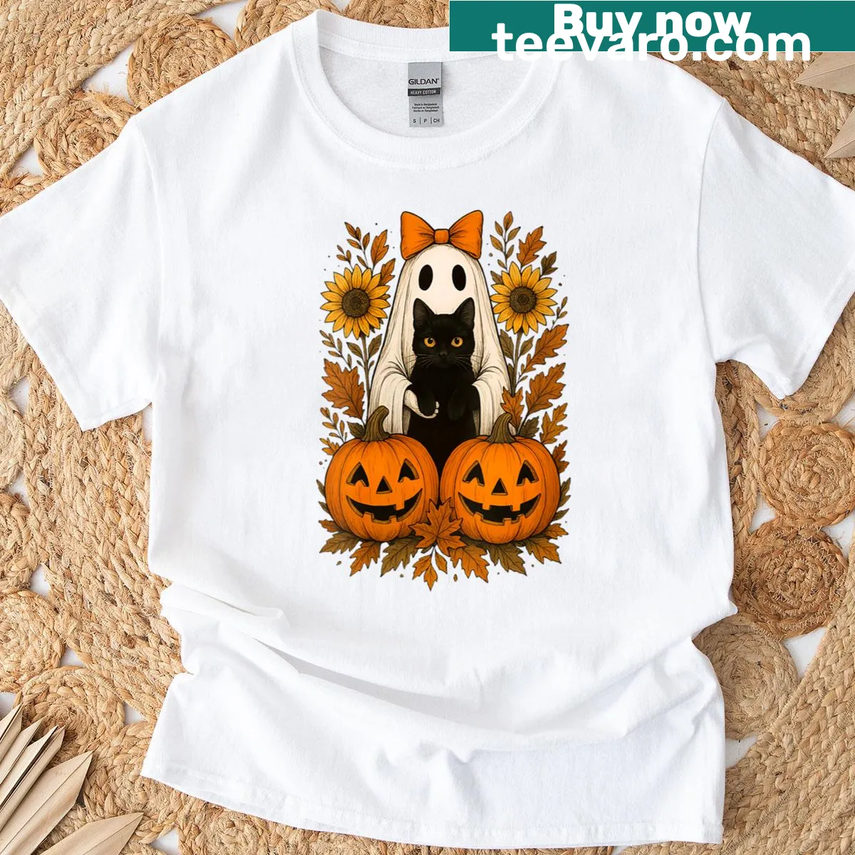 Cute vintage Halloween ghost holding a black cat graphic — on a men's t-shirt