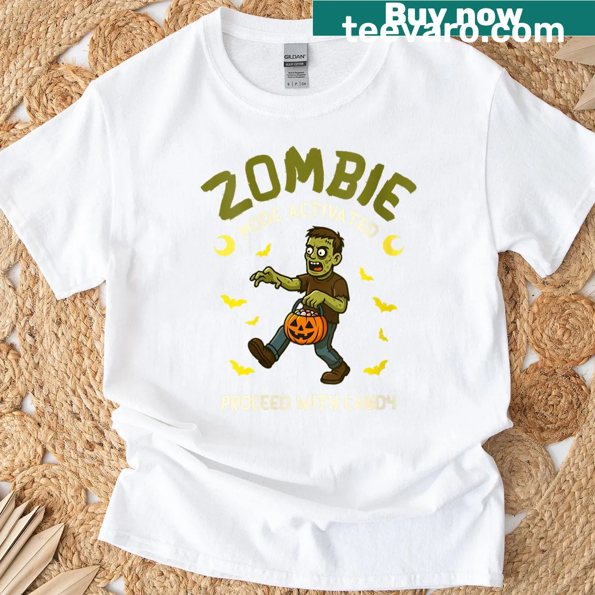 Zombie-themed Halloween shirt with playful graphic — on a men's t-shirt