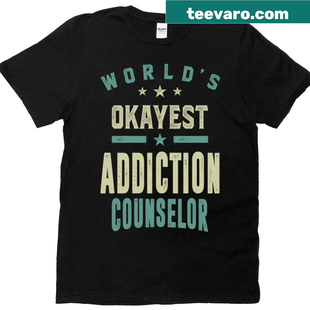 Funny 'World's Okayest Addiction Counselor' text on a t-shirt — on a men's t-shirt