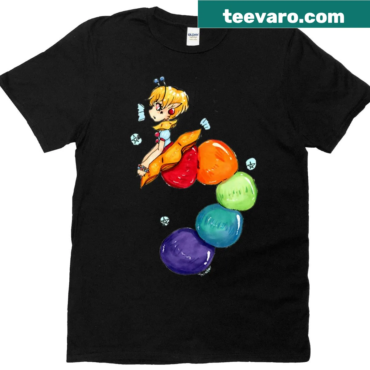 Whimsical illustration of a girl with worms, featured on a playful t-shirt — on a men's t-shirt