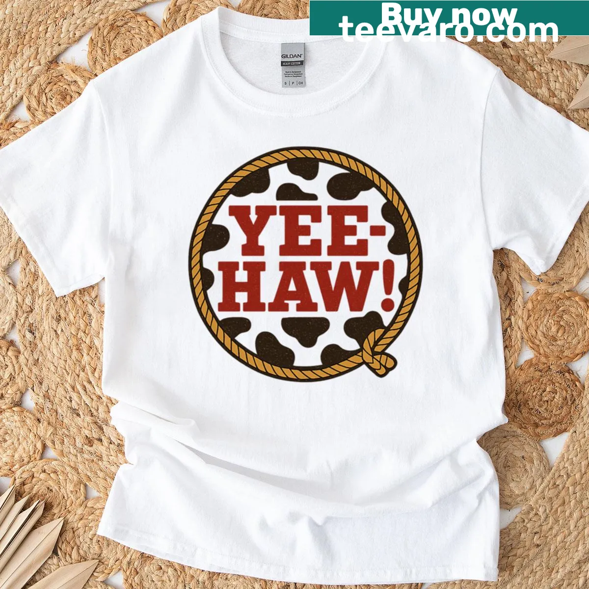 Cowgirl themed graphic T-shirt with rope badge design — on a men's t-shirt